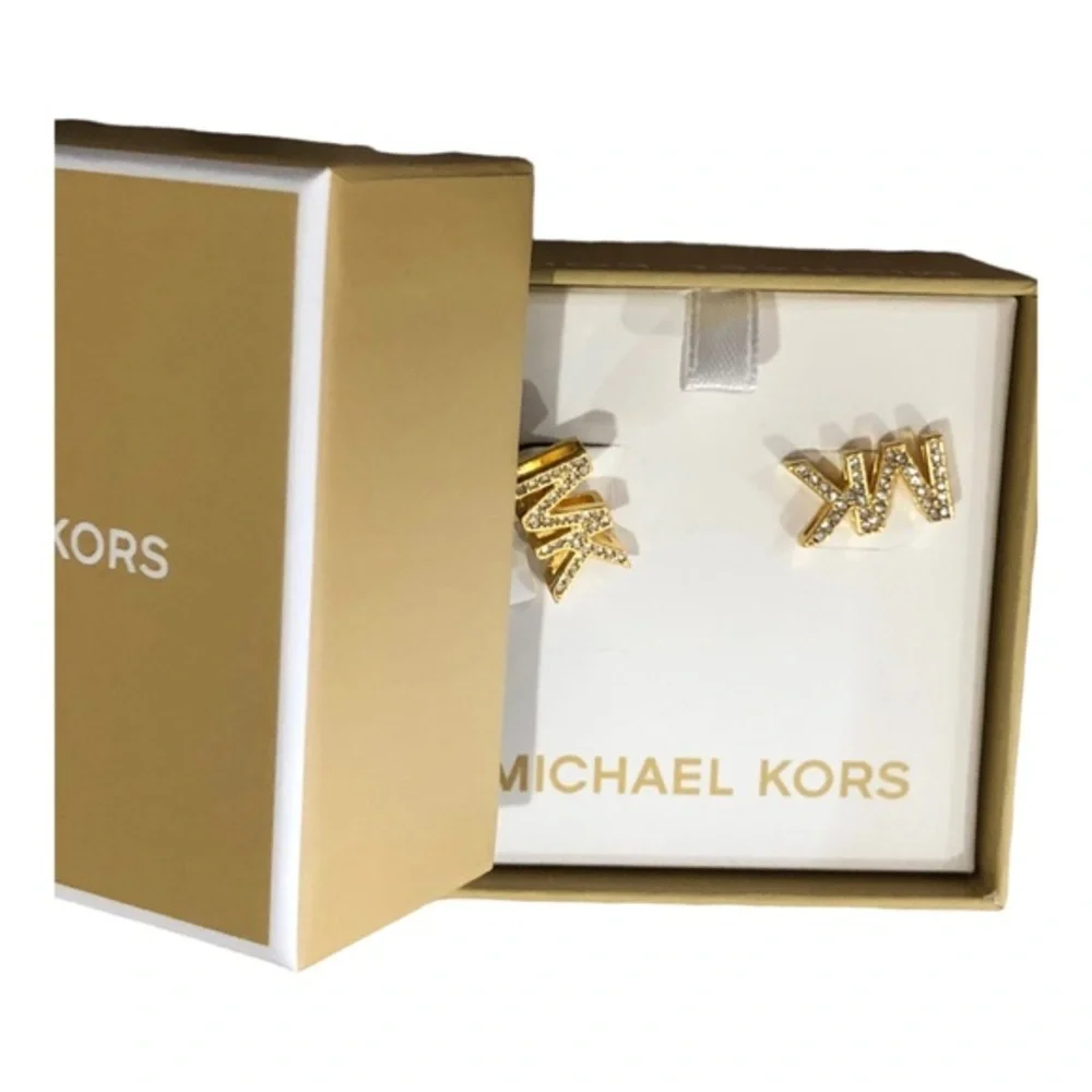 Michael Kors round crystal rhinestone embellished MK logo monogram stud earrings